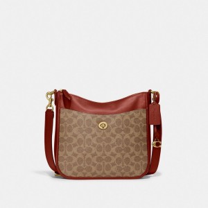 Coach Chaise Crossbody Bag In Signature Canvas Umhängetasche Damen Braun Rot | HKUFT-2846