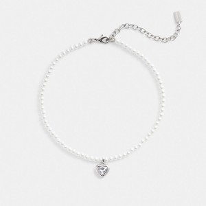 Coach Heart Pearl Choker Necklace Schmuck Damen Silber | KSURP-5748