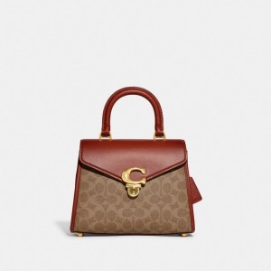 Coach Sammy Top Handle Bag In Signature Canvas Umhängetasche Damen Braun Rot | WSQEA-5091