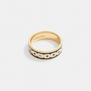 Coach Signature Enamel Ring Schmuck Damen Gold Schwarz | INPHO-0618