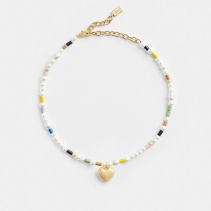 Coach Signature Heart Beaded Pearl Choker Necklace Schmuck Damen Gold Mehrfarbig | NRIAD-9810