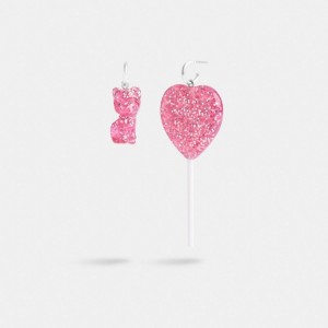 Coach The Lil Nas X Drop Cat And Heart Lollipop Mismatch Earrings Schmuck Damen Silber Rosa | HIWLN-8279
