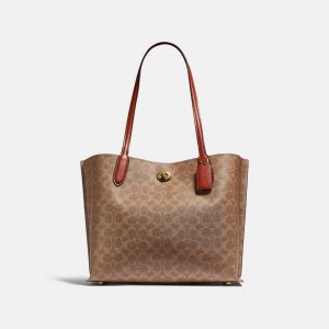 Coach Willow Tote Bag In Signature Canvas Tragetaschen Damen Braun Rot | FPBGS-1269